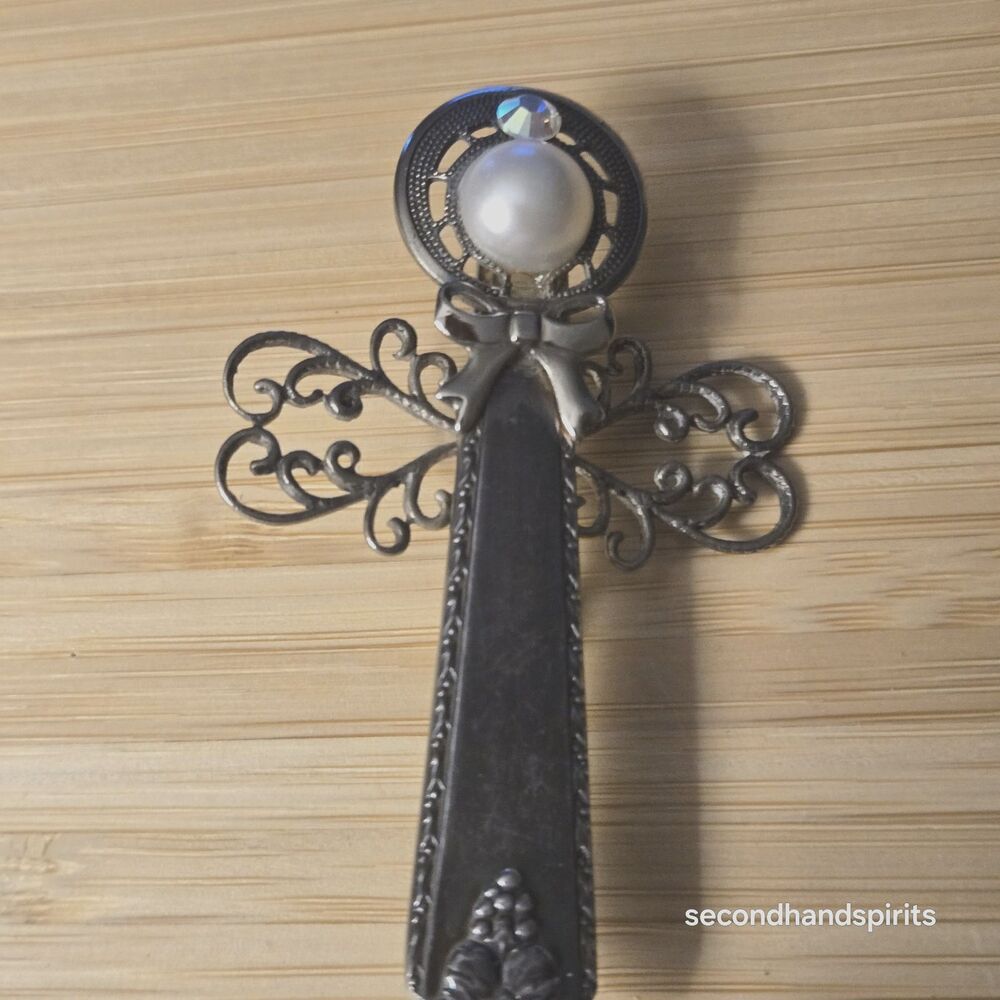 VTG Faux Pearl Silver Tone Angel Spoon Handle Brooch 2.75”